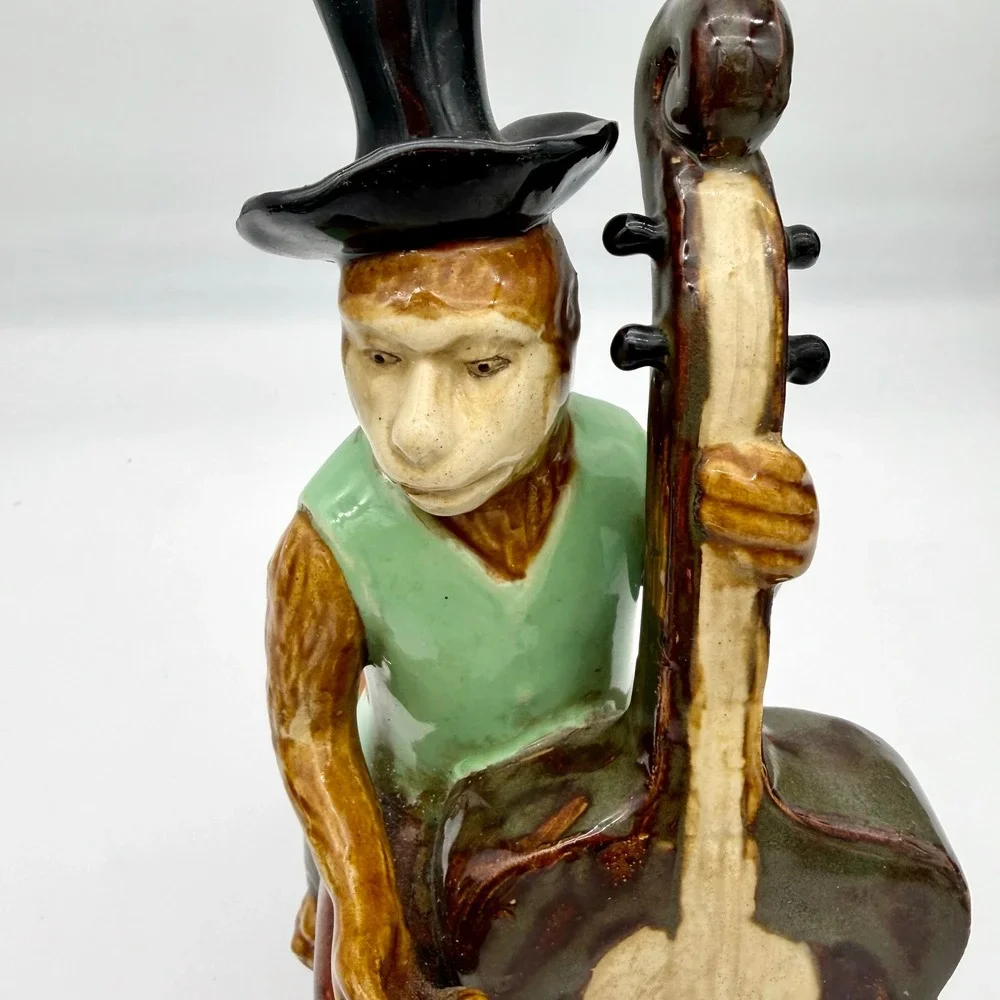 Majolica Style Ceramic Monkey Band Cellist Figurine Top Hat Drum Base